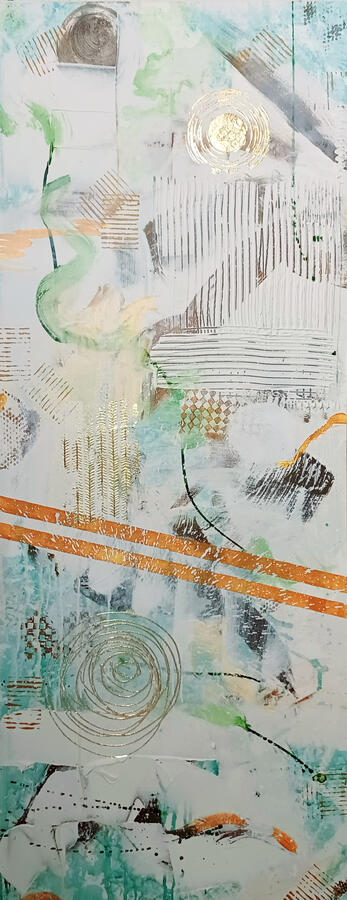 SOLD Slow Down Cowboy - Acrylic, Textured Paste, &amp; Metallic Foil on Canvas 20”x50”