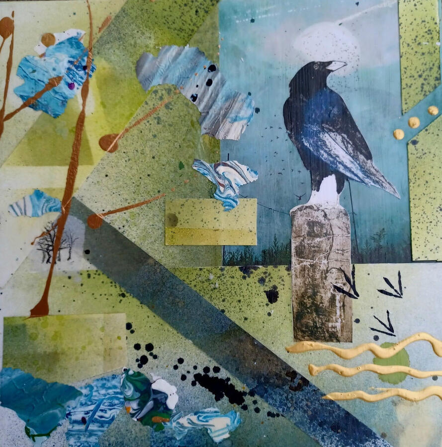 SOLD Water... Sky... Raven - Acrylic, Alcohol Ink and Paper Collage Birch Panel 12&quot;x12&quot;