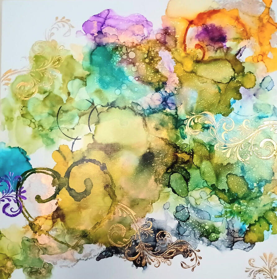 JoyFlow – Alcohol Ink & Metallic Foil on Canvas - 16”x16”