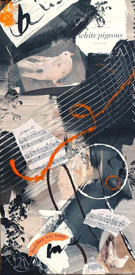 White Doves Are Really Pigeons Collage - Acrylic and Paper on Canvas 10”x20”