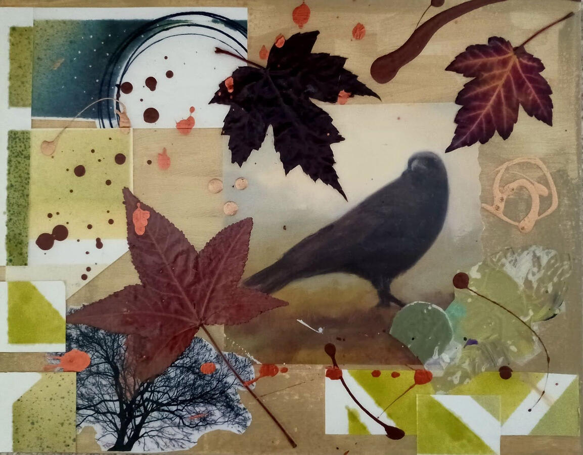 Autumn &amp; Crow - Acrylic, Alcohol Ink, Paper Collage On Birch Panel 14&quot;x11&quot;