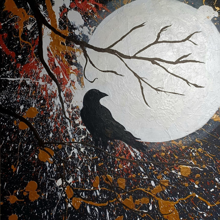 SOLD The Moon and Her Raven - Acrylic on Canvas 27"x27"